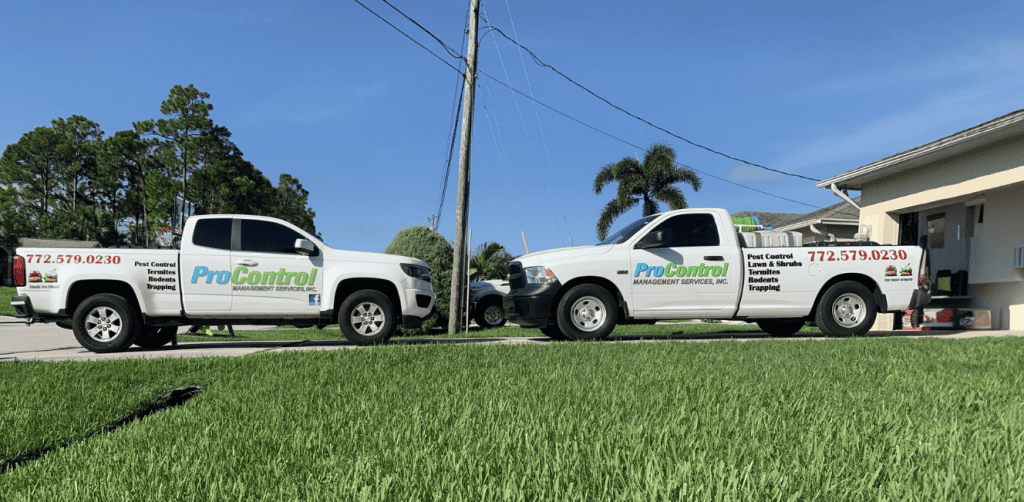 Two white trucks parked on a grassy area in front of a house display "ProControl" branding. Services listed include pest control, lawn and shrub treatments, termite control, and irrigation repair. A phone number is visible: 772-271-5465.