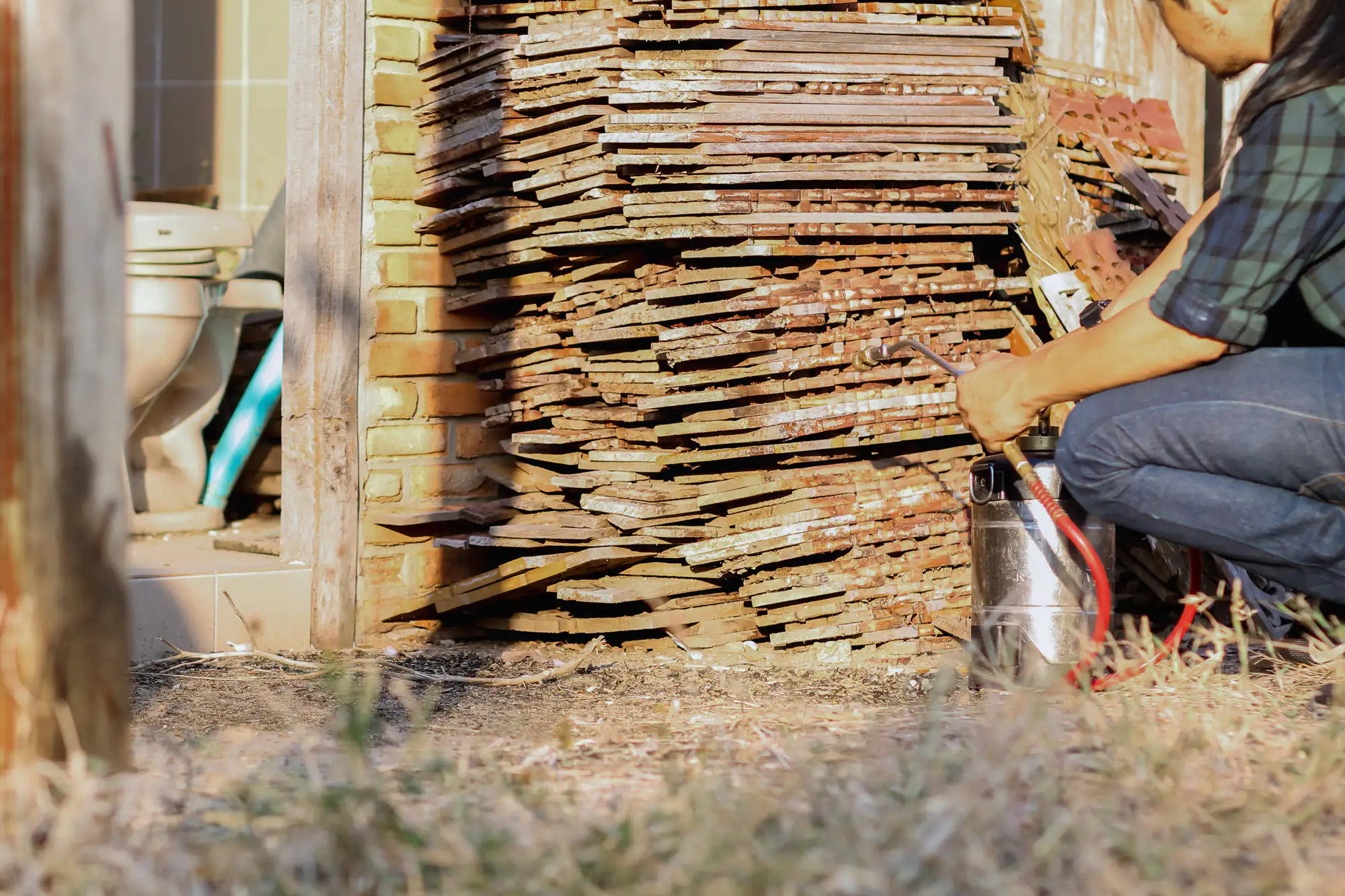 A person kneels on the ground, holding a metal sprayer near a large stack of wooden planks outside a building. Sunlight casts shadows, and a toilet is visible in the background.