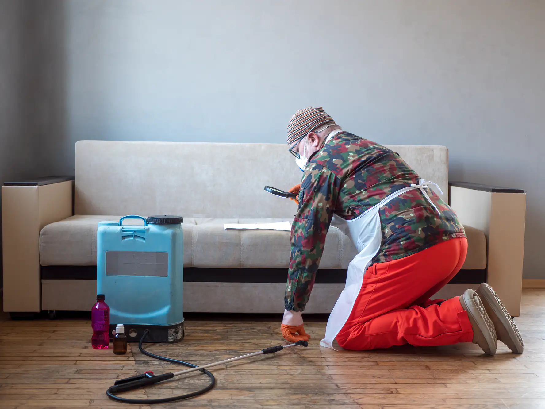 A person in protective clothing and gloves kneels on a wooden floor in front of a sofa, cleaning or disinfecting the area with spraying equipment and cleaning supplies.