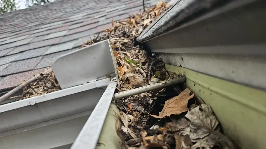A close-up view of a house gutter filled with dry leaves and debris, with a ladder and part of the roof visible. The clogged gutter highlights the need for cleaning and pest control St Lucie, FL homeowners often require.