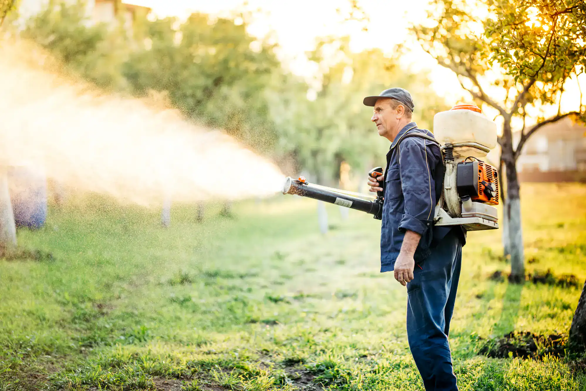 A person wearing outdoor work clothes and a cap sprays pesticides or fertilizer on trees in an orchard using a backpack sprayer, with a mist visible in the sunlight.
