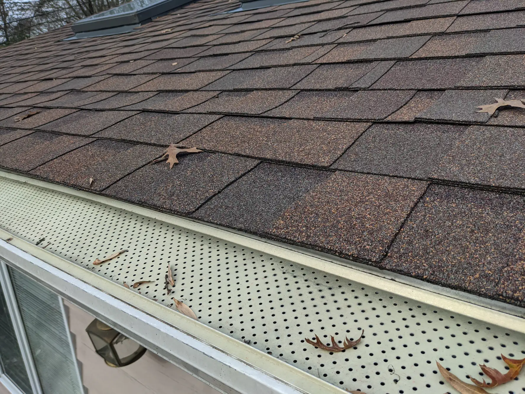 Close-up of a house roof with brown asphalt shingles and a gutter covered by a perforated metal guard. A few dry leaves are scattered on both the roof and the gutter guard.