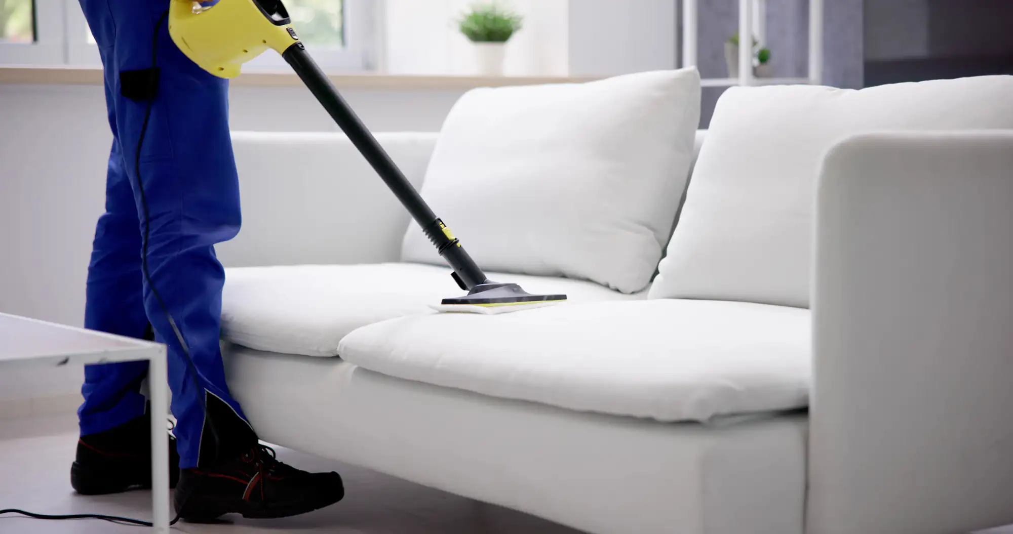 A person in blue pants and black shoes uses a steam cleaner to clean a white sofa in a bright, modern living room with a plant and window in the background.