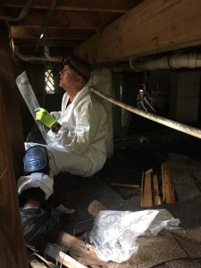 A person in protective gear and gloves kneels in a dim crawl space, holding a piece of mesh and looking upward—typical of pest control St Lucie, FL—surrounded by debris, wood scraps, and pipes attached to the wooden ceiling above.