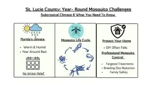 Infographic titled "St. Lucie County: Year-Round Mosquito Challenges" explains FL’s warm, humid climate, the mosquito life cycle, and home protection tips like breeding site reduction and pest control St Lucie treatments.