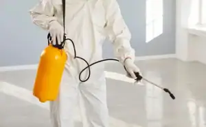 Person wearing a protective white suit and gloves holds a yellow disinfectant sprayer, standing indoors on a clean, shiny floor, with light coming through large windows in the background.