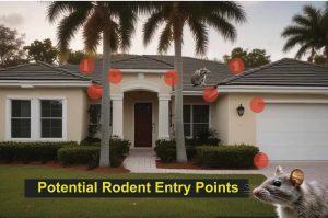 A house exterior in FL with several red dots marking potential rodent entry points on the roof, walls, and near the garage. A rat is shown on the roof, another in the foreground. Text reads: “Potential Rodent Entry Points – pest control St Lucie.”.
