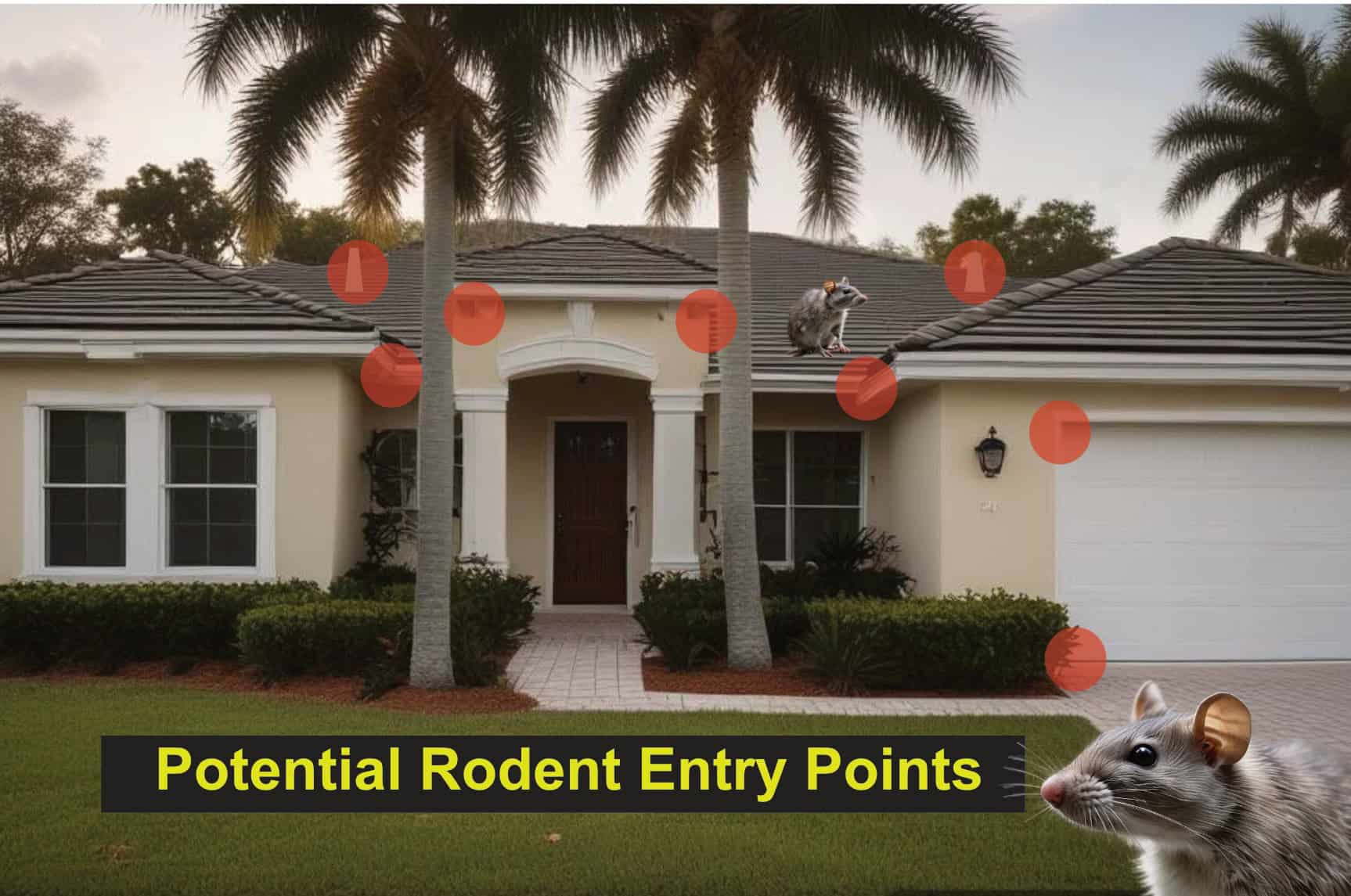 A house exterior in FL with several red dots marking potential rodent entry points on the roof, walls, and near the garage. A rat is shown on the roof, another in the foreground. Text reads: “Potential Rodent Entry Points – pest control St Lucie.”.