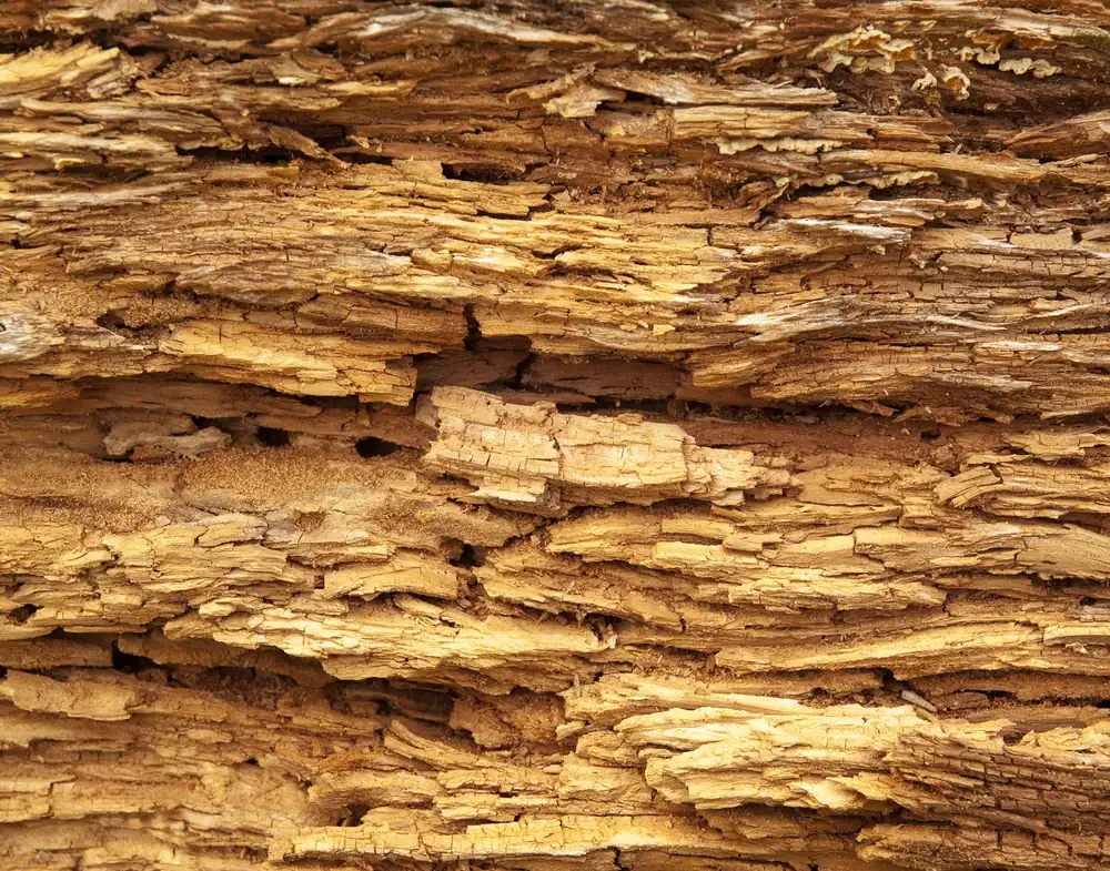 Close-up of rough, textured, and layered decaying wood showing uneven, splintered surfaces in various shades of brown and tan. The surface appears dry and weathered, with cracks and small gaps throughout.