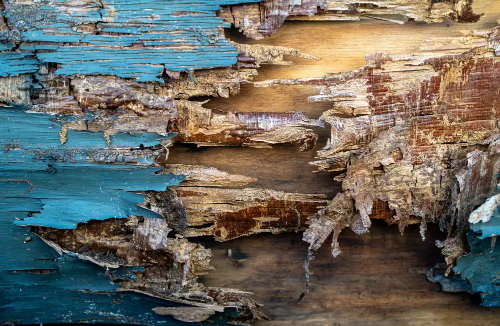Close-up of decayed wood with peeling blue paint, exposing rough, splintered, and weathered layers underneath. The wood appears broken and rotten, showing various textures and shades of brown and blue.