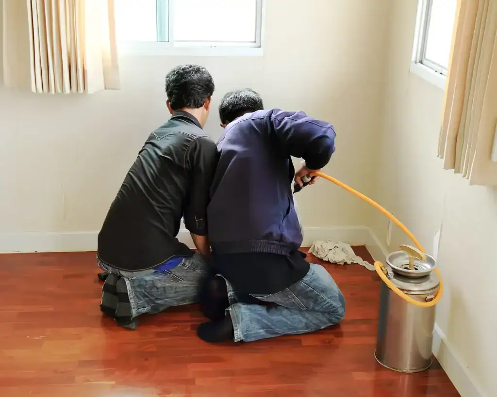 Two people kneel on a wooden floor near a wall and window, using a large canister with a yellow hose—likely for pest control in St. Lucie County, FL. A white rag lies on the floor beside them, suggesting thorough cleaning or treatment.