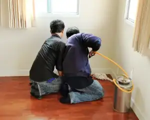 Two people kneel on a wooden floor near a wall and window, using a large canister with a yellow hose—likely for pest control in St. Lucie County, FL. A white rag lies on the floor beside them, suggesting thorough cleaning or treatment.